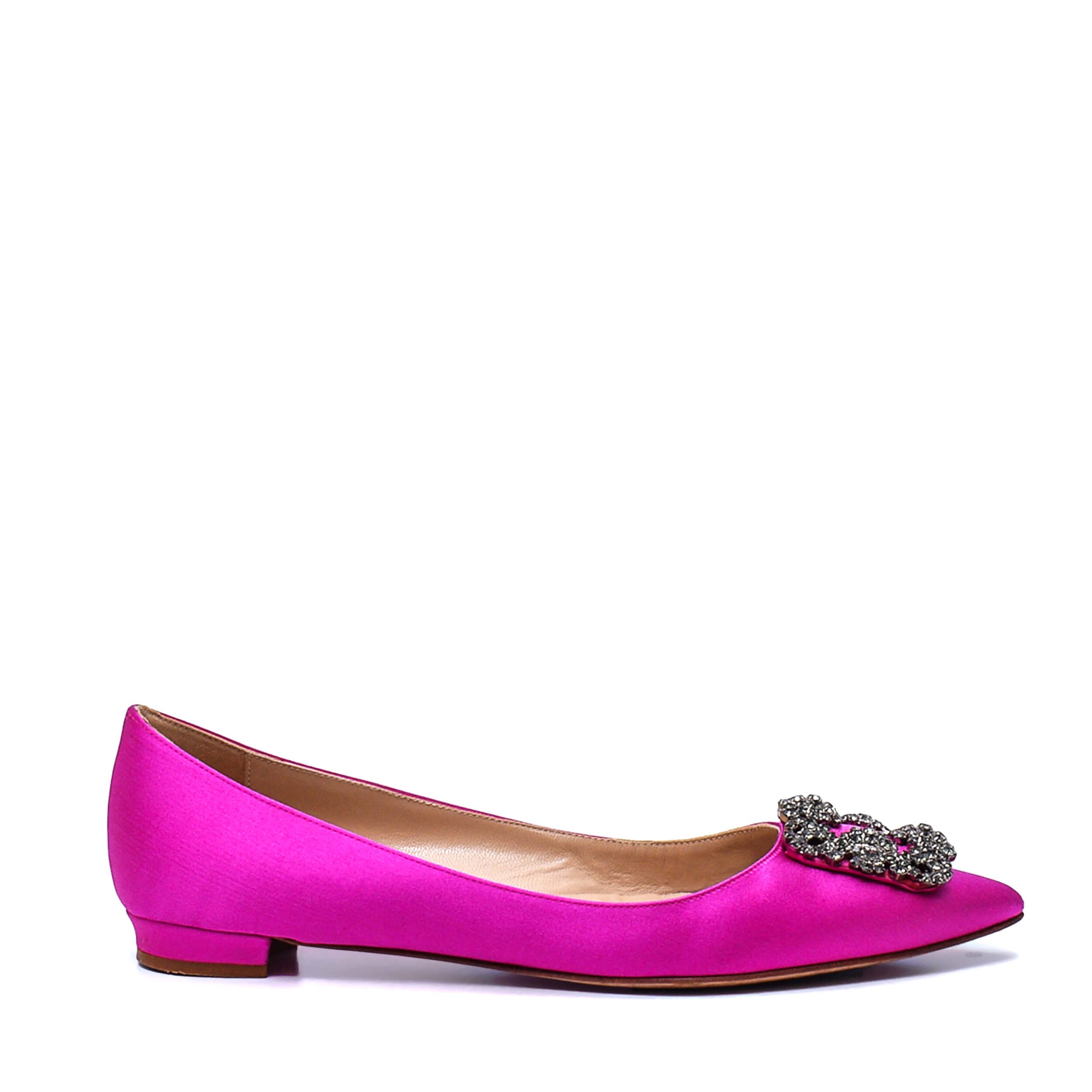 Manolo Blahnik -  Fuchsia Satin Jewel Buckle Hangisi Flat Pumps / 38,5